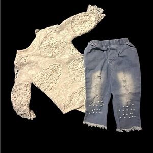Kids Lace Bodysuit & Pearl Denim Leggings Matching Set - Cream & Blue
